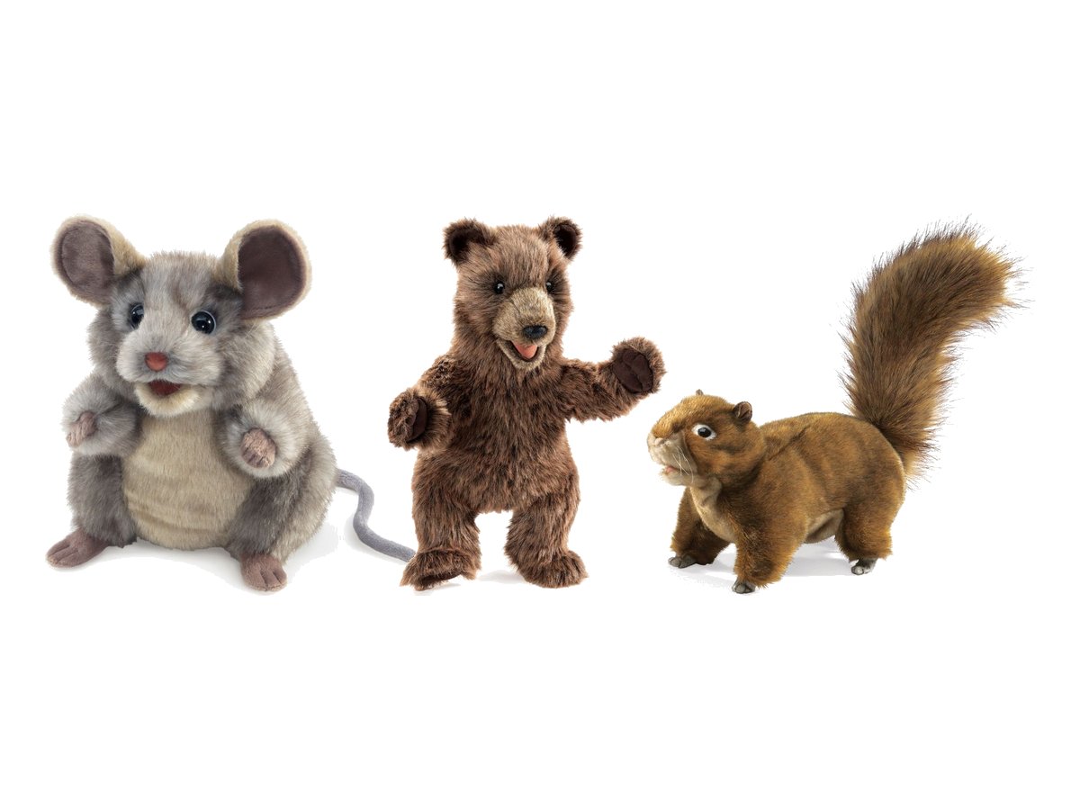 Folkmanis Handpuppen graue Maus, Bärenjunges und rotbraunes Eichhörnchen